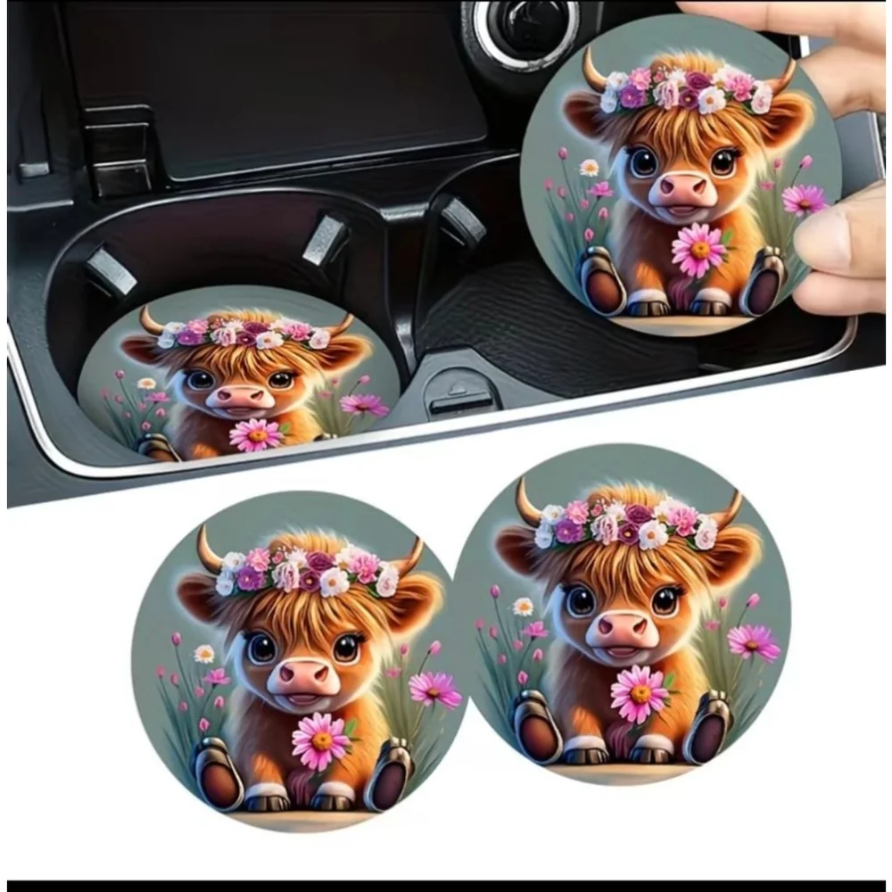 Car Coasters with Cute Highland Cow Design, One Size, Brown/Green